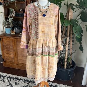 Kantha Reversible Pastel Neutral Long Sleeve Modest Cotton Sari Dress S-L NWOT
